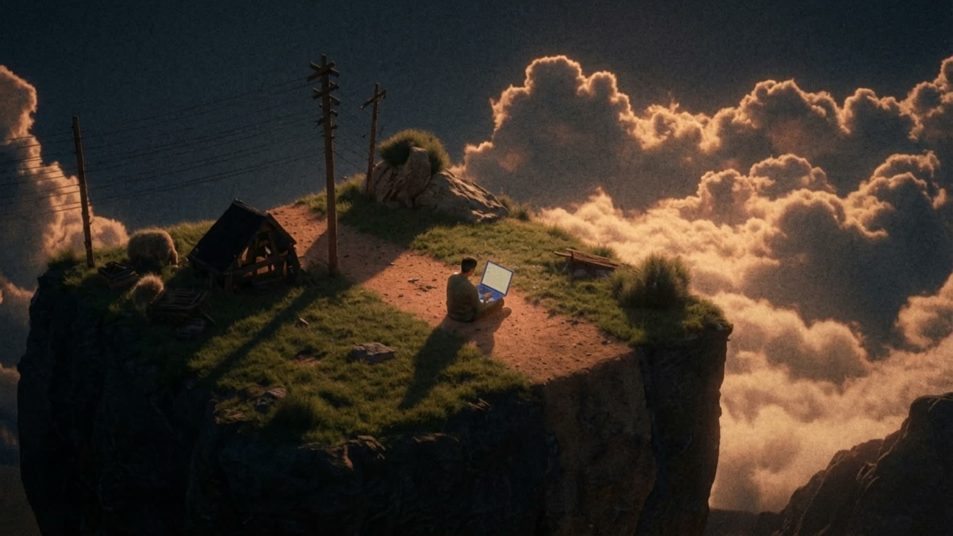 A solitary builder with a laptop, on a cliff above the clouds