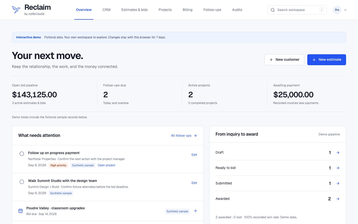 Reclaim contractor workspace with fictional sample projects, estimates, and billing